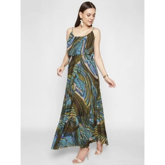 Robbie Bee Maxi Sun Dress Spaghetti Straps Sz 12 Green Blue Tropical Party - Picture 1 of 15